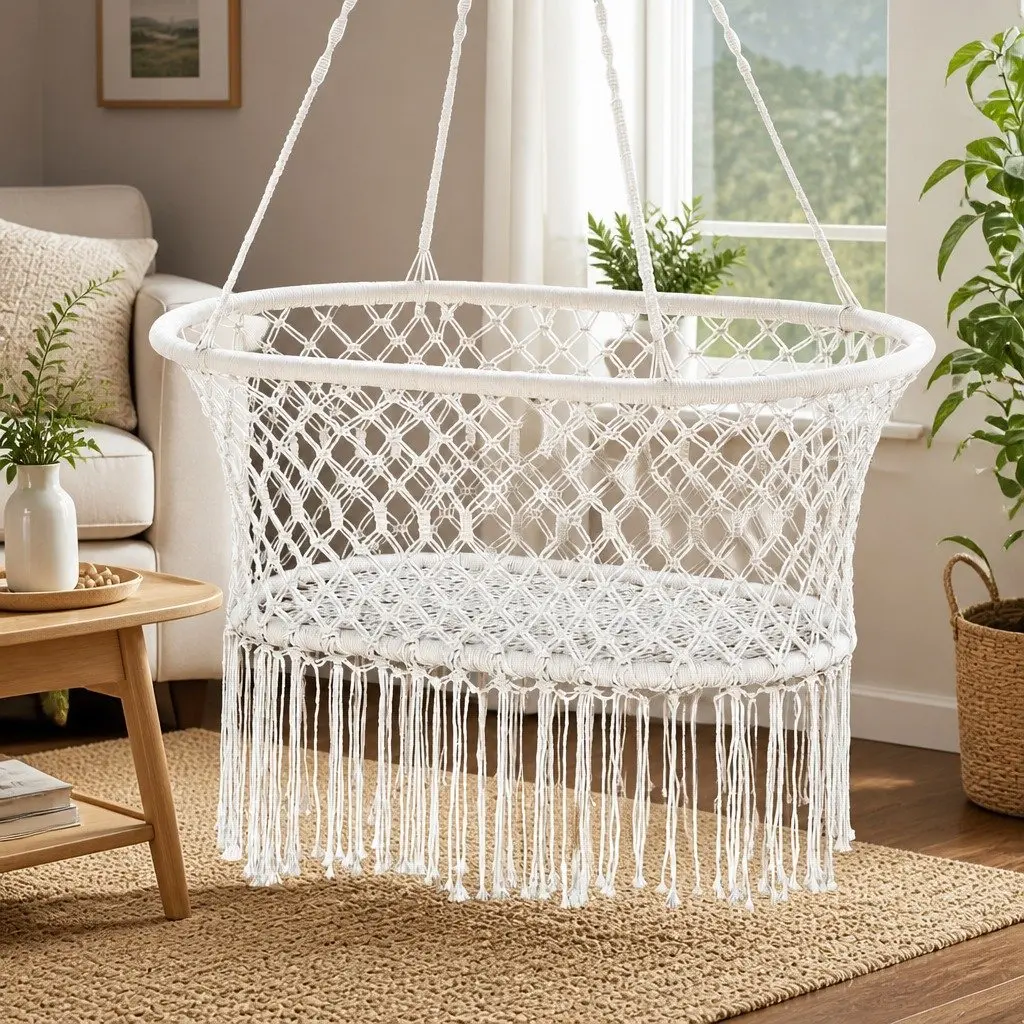 Hammock Chair Cotton Swing Relaxation 90cm x 56cm x 142cm Cream