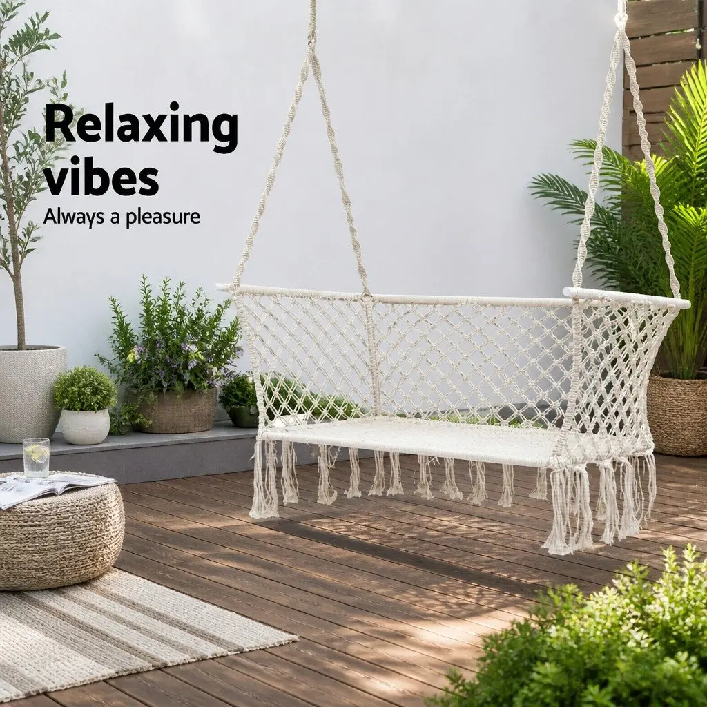Hammock Chair 2 Person Indoor Outdoor Portable Relaxation Lounge 120cm x 70cm x 120cm Cream