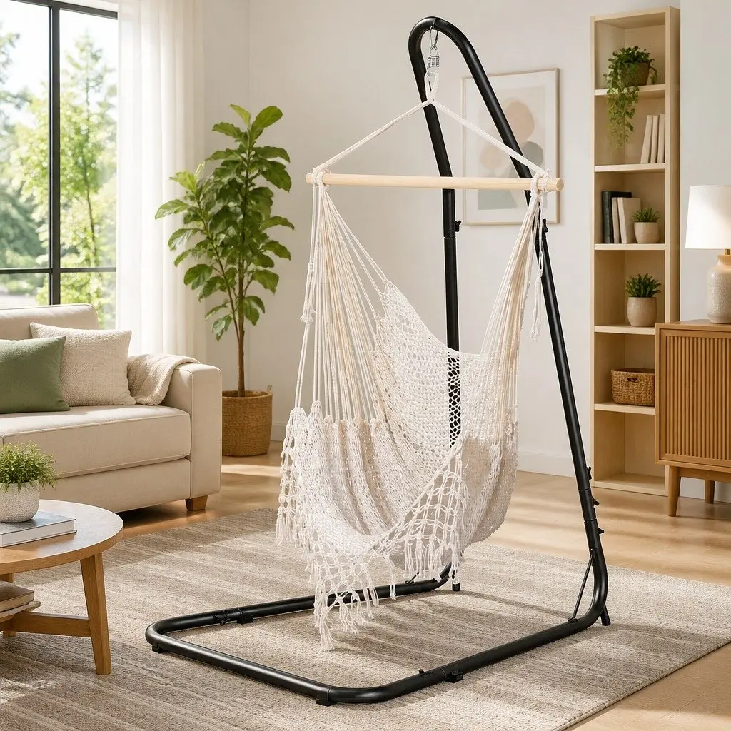 Hammock Hanging Chair Heavy Duty Steel Stand Indoor Outdoor Relaxation Cream Black