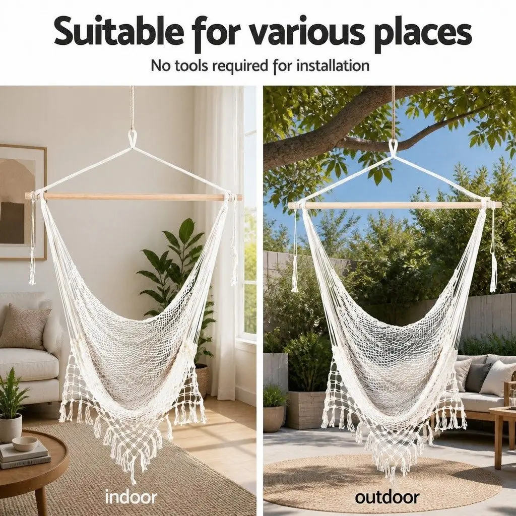 Hammock Hanging Chair Heavy Duty Steel Stand Indoor Outdoor Relaxation Cream Black