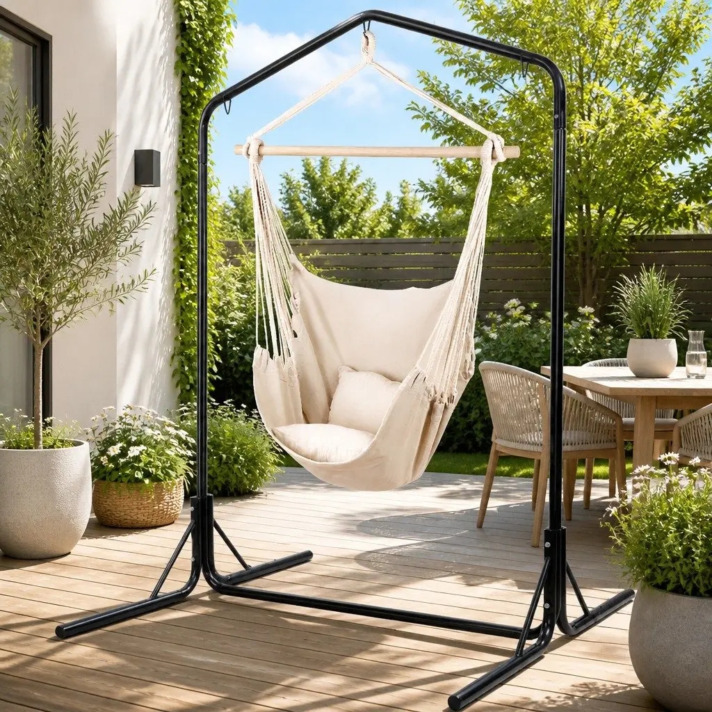 Hammock Chair Stand Outdoor Relaxation Seat 100 x 45 x 145cm Cream Colour