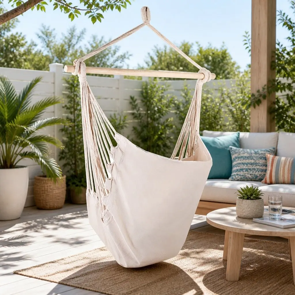 Hammock Chair Outdoor Hanging Cream Patio Garden Relaxation Seat with Cushions