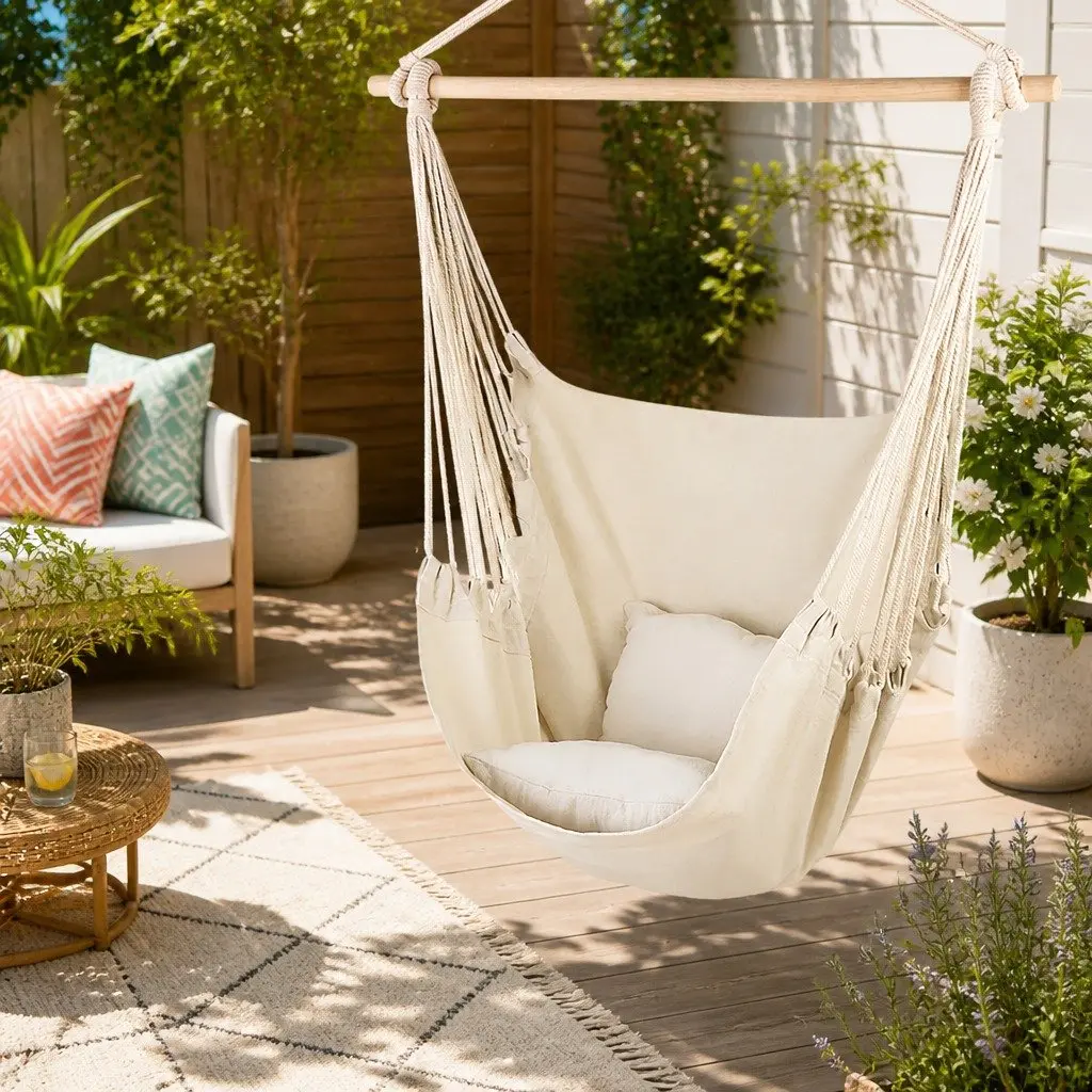 Hammock Chair Outdoor Hanging Cream Patio Garden Relaxation Seat with Cushions