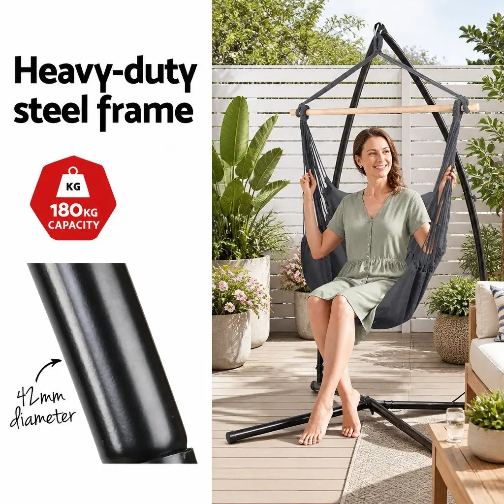 Hammock Chair Outdoor Relaxation 100cm x 45cm x 145cm Grey with Steel Stand Frame