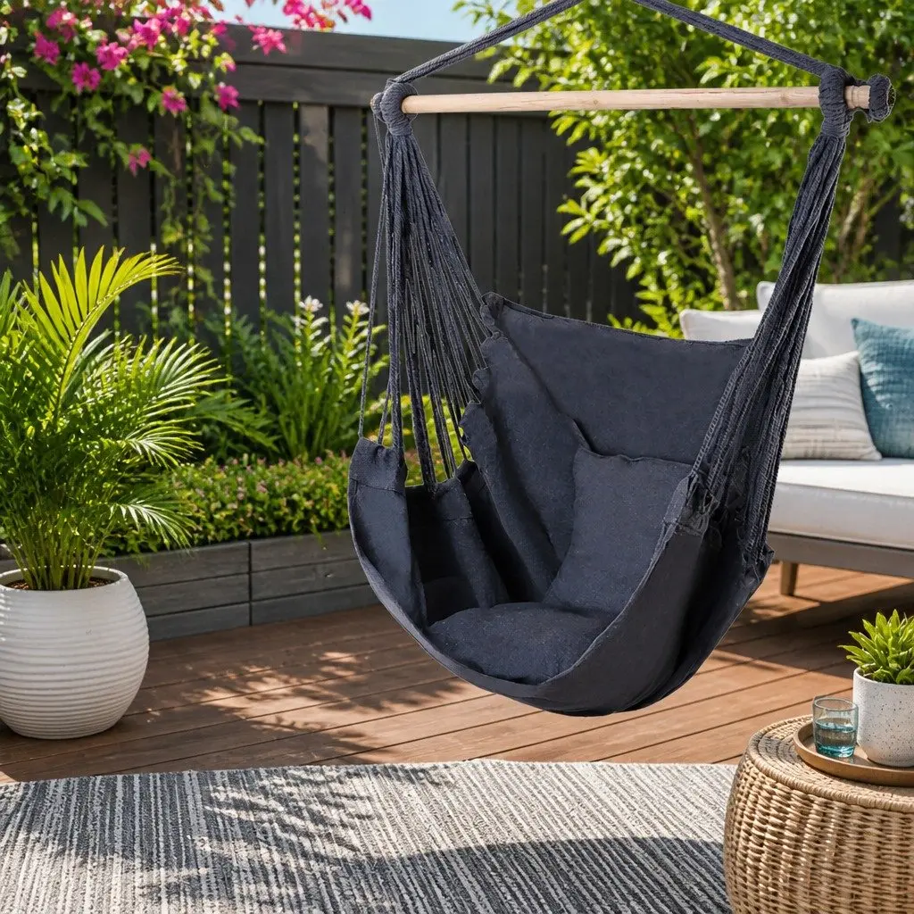 Hammock Chair Indoor Outdoor Relaxation 100cm Grey with Cushions