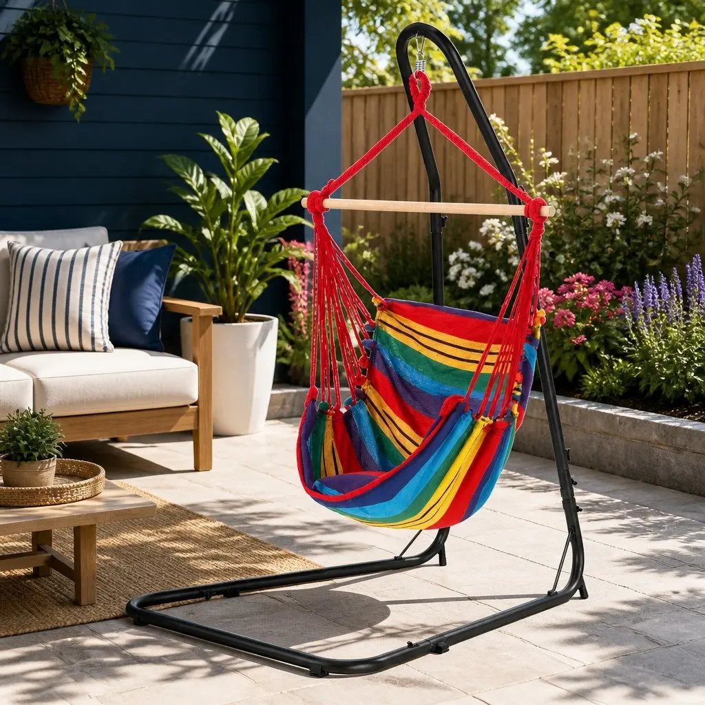Hammock Chair Indoor Outdoor Relaxation Adjustable Height Steel Frame Padded Seat Black
