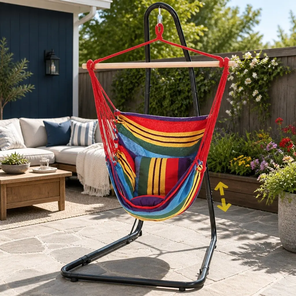 Hammock Chair Indoor Outdoor Relaxation Adjustable Height Steel Frame Padded Seat Black