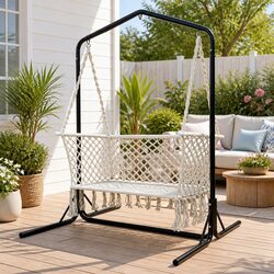 Hammock Chair with Stand 2 Seater Outdoor Garden Relaxation Cream Macrame