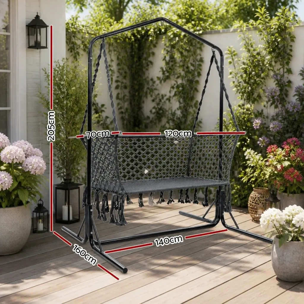 Hammock Chair 2 Seater Outdoor Relaxation Lounger with Stand Macrame 120cm W x 70cm D x 120cm H