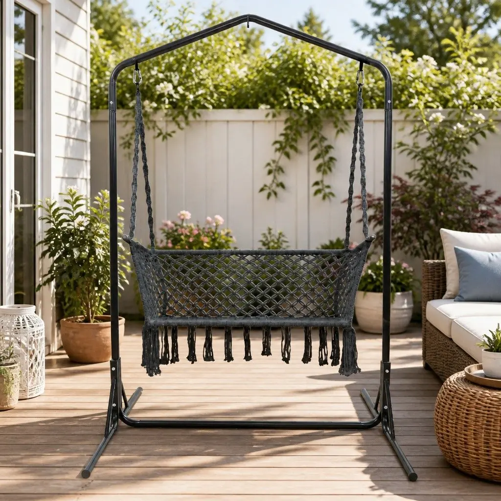 Hammock Chair 2 Seater Outdoor Relaxation Lounger with Stand Macrame 120cm W x 70cm D x 120cm H
