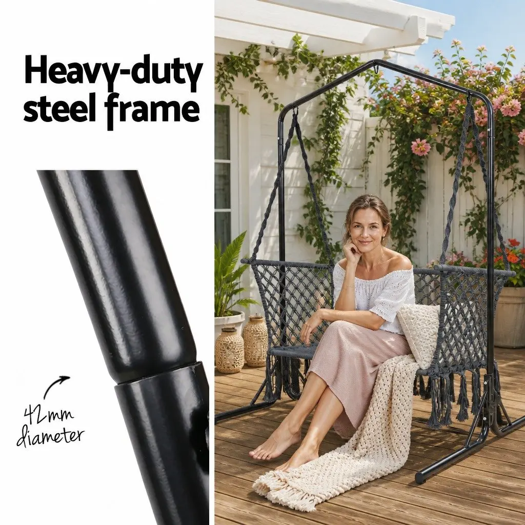 Hammock Chair 2 Seater Outdoor Relaxation Lounger with Stand Macrame 120cm W x 70cm D x 120cm H
