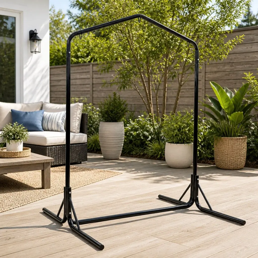Hammock Chair Stand Heavy Duty Steel Frame 200kg Adjustable Height 360° Rotation Black