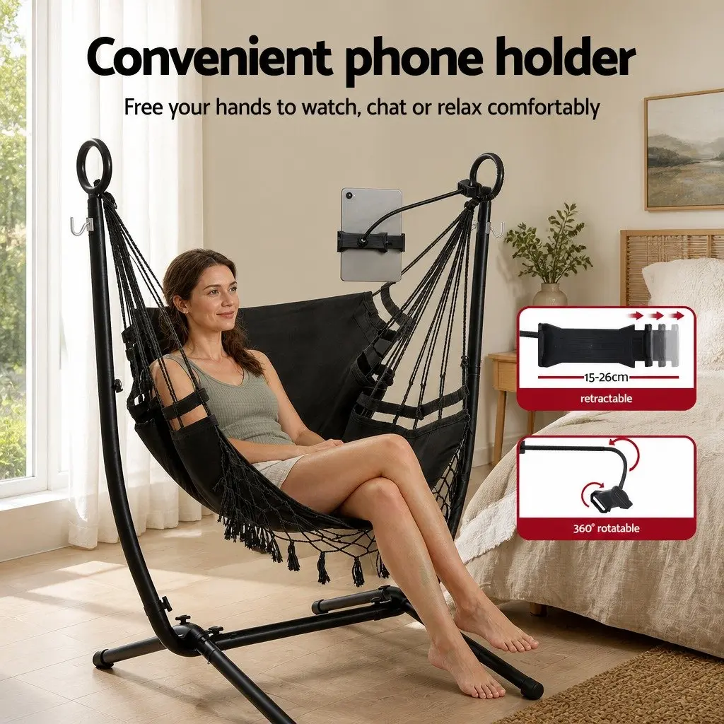 Hammock Chair Stand Iron Frame with Phone Holder Black Indoor Outdoor