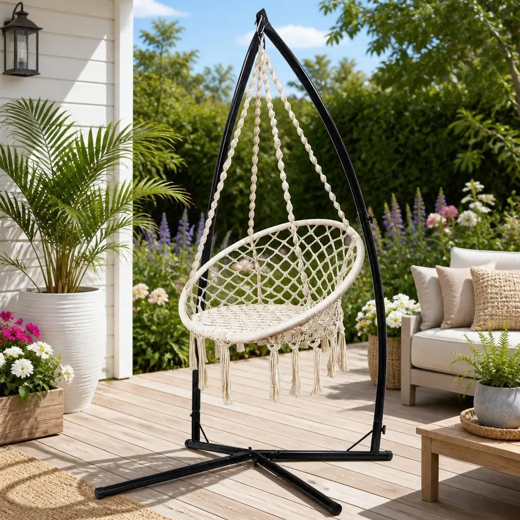 Hammock Chair Outdoor Swinging Relaxation Seat 60cm Cream with Steel Stand