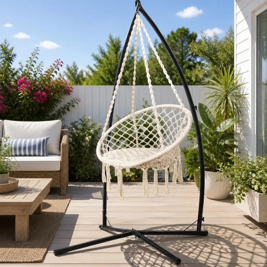 Hammock Chair Outdoor Swinging Relaxation Seat 60cm Cream with Steel Stand