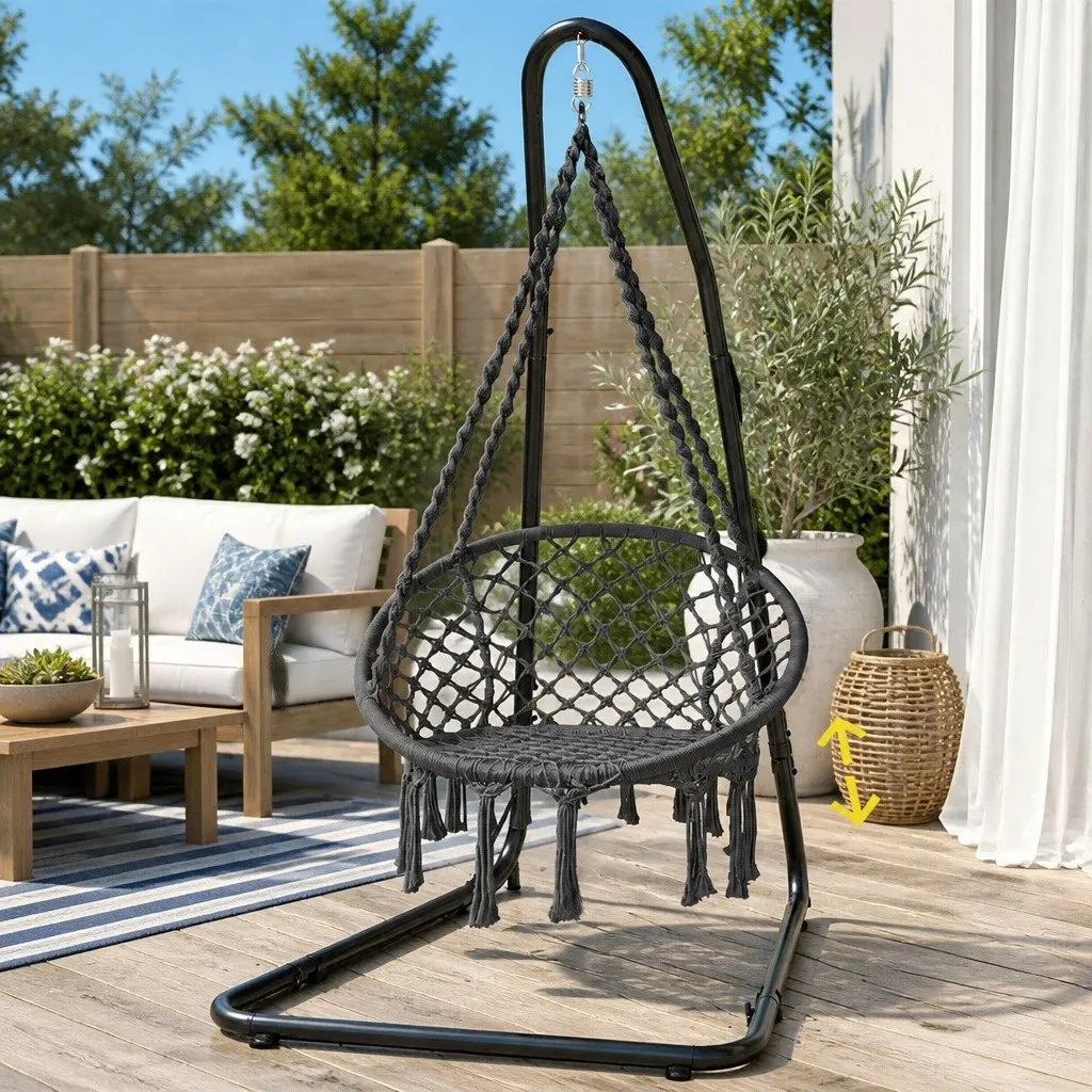 Hammock Hanging Chair Indoor Outdoor Relaxation Swing 60cm Diameter Grey Black