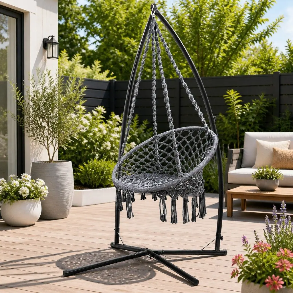 Hammock Chair Outdoor Relaxation 60cm Grey with Steel Stand