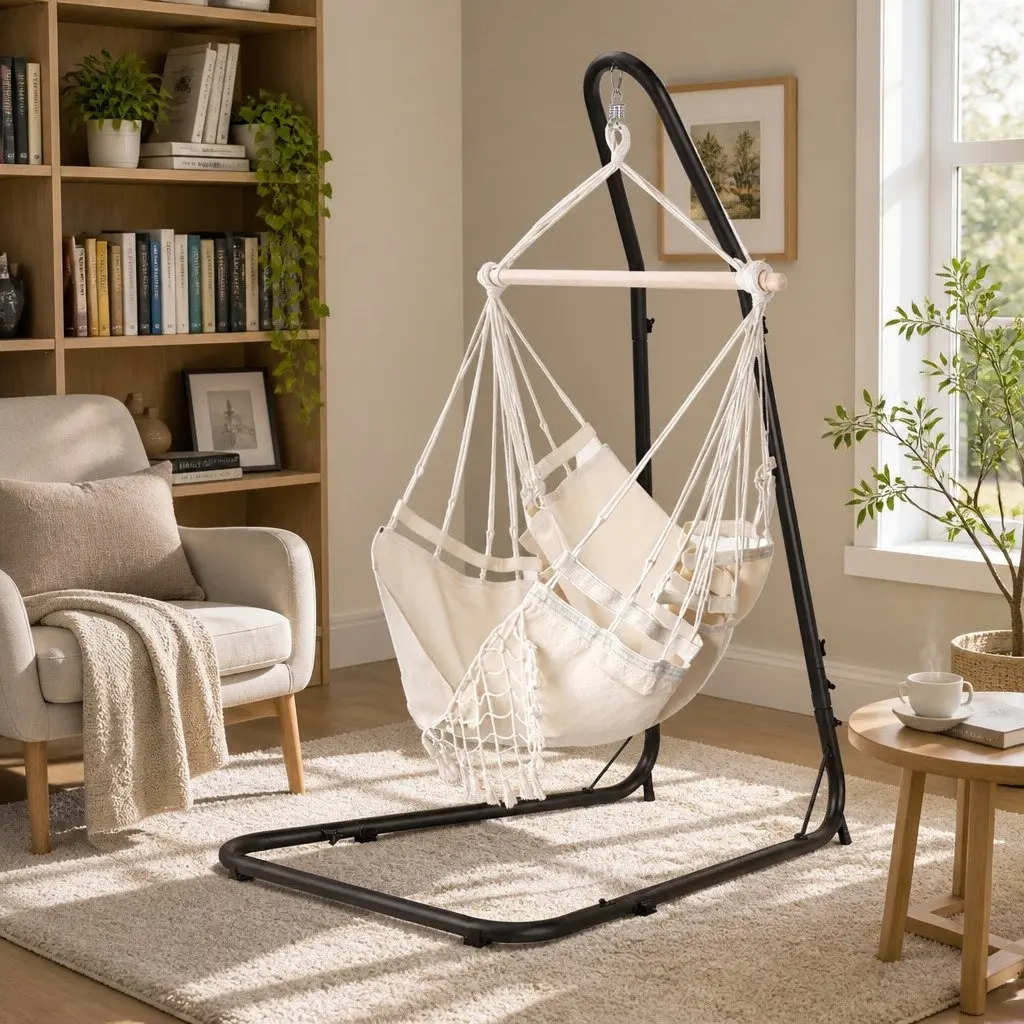 Hammock Hanging Chair Relaxation Swing Seat 96cm x 150cm Cream Black