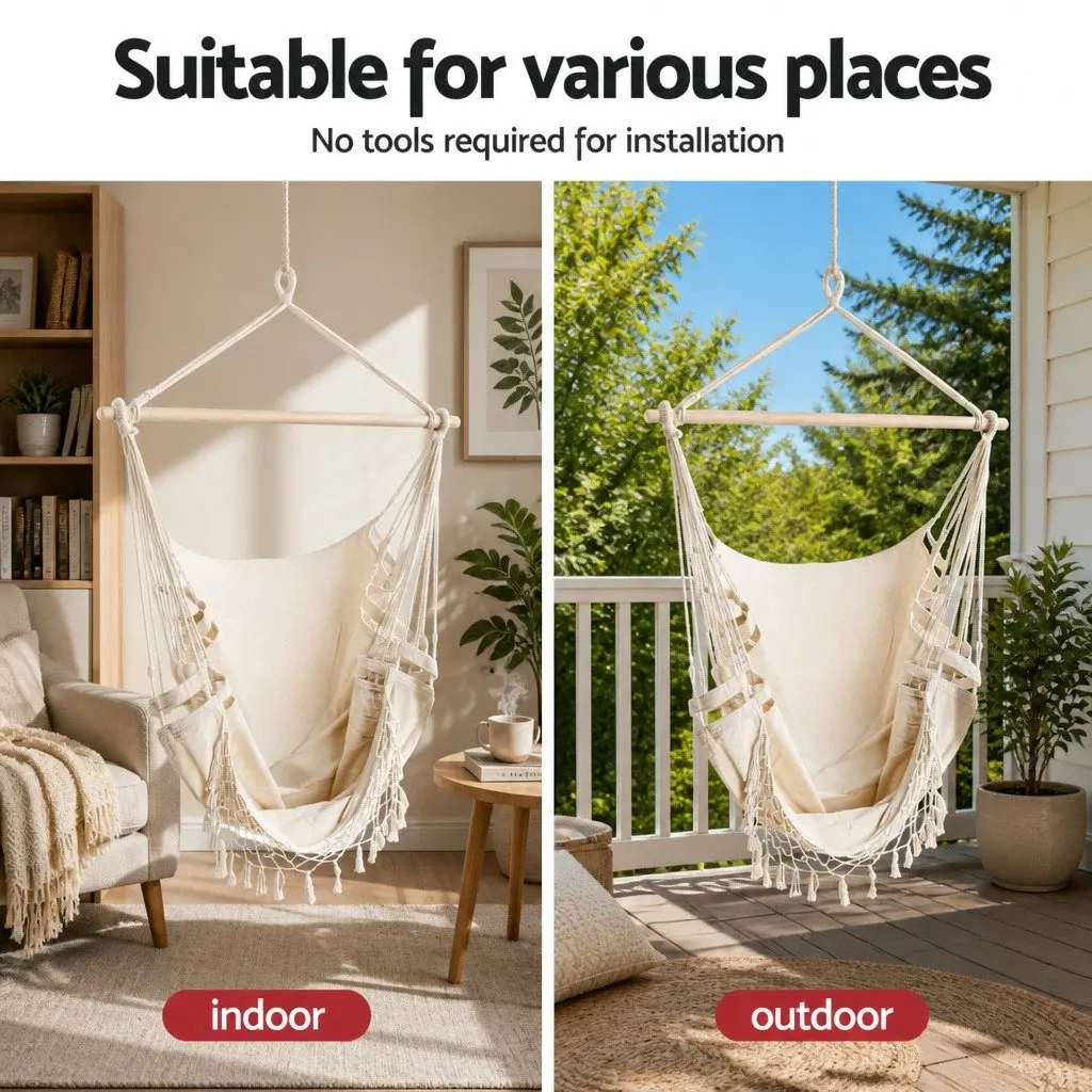 Hammock Hanging Chair Relaxation Swing Seat 96cm x 150cm Cream Black