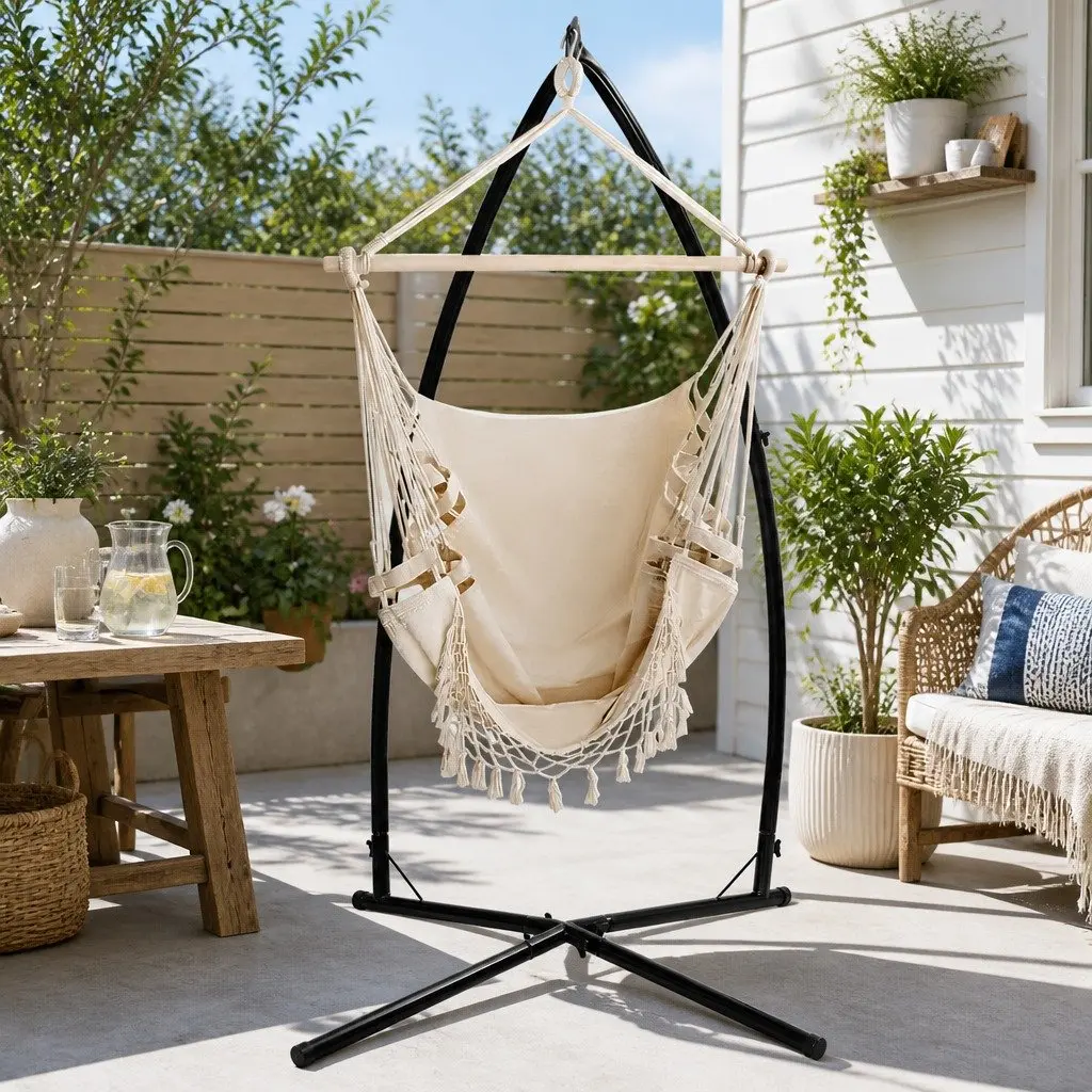 Hammock Chair Indoor Outdoor Relaxation 150 x 90cm Cream with Steel Stand