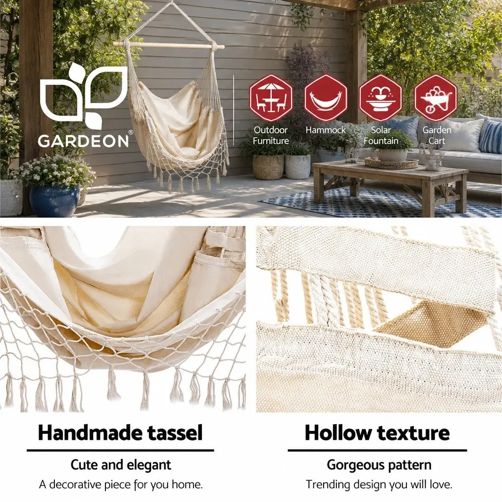Hammock Chair Indoor Outdoor Relaxation 150 x 90cm Cream with Steel Stand