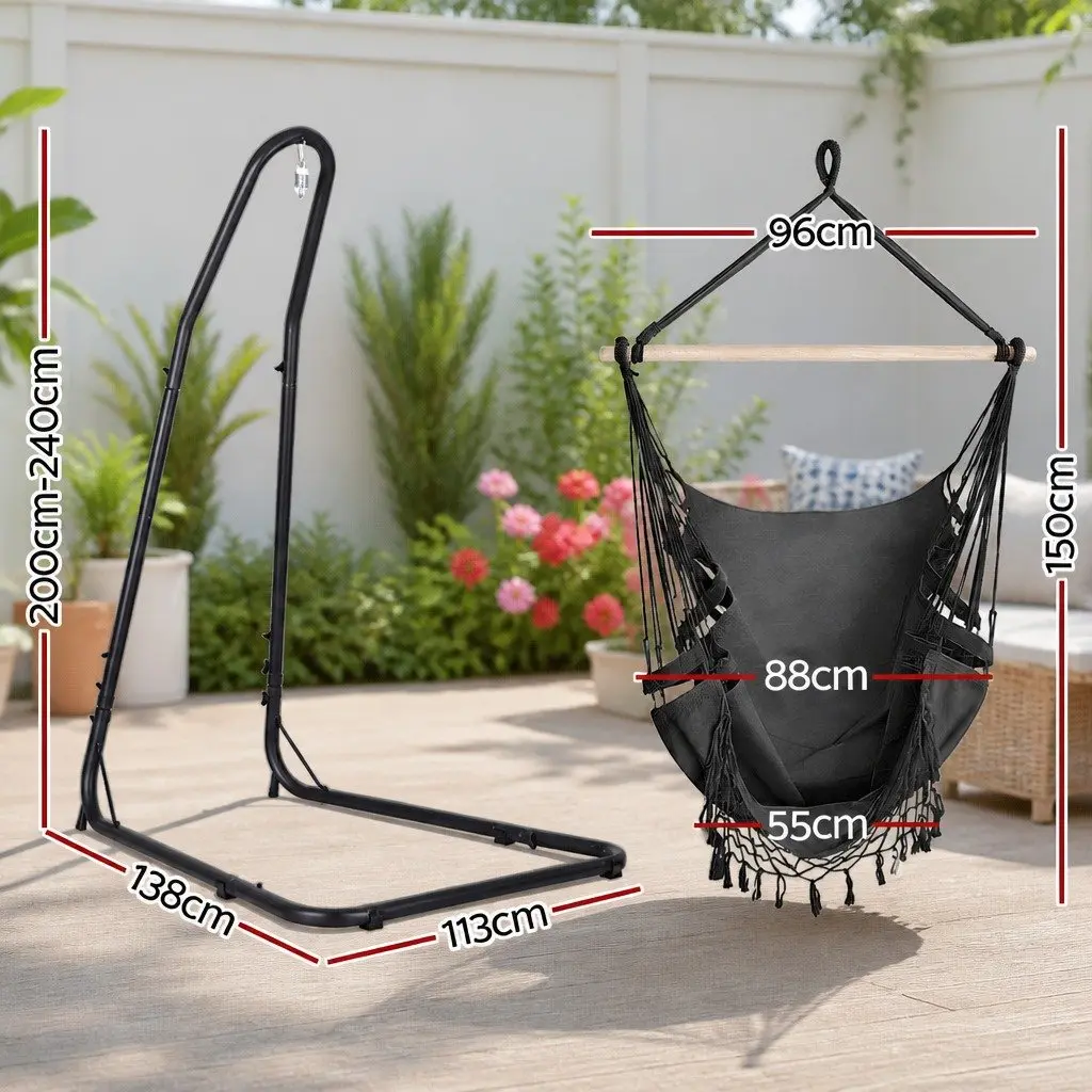 Hammock Chair Indoor Outdoor Relaxation with Steel Stand Adjustable Height Grey Black