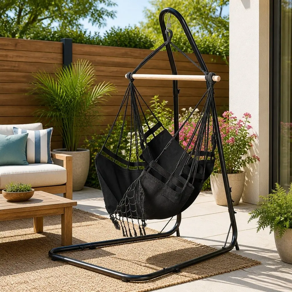 Hammock Chair Indoor Outdoor Relaxation with Steel Stand Adjustable Height Grey Black