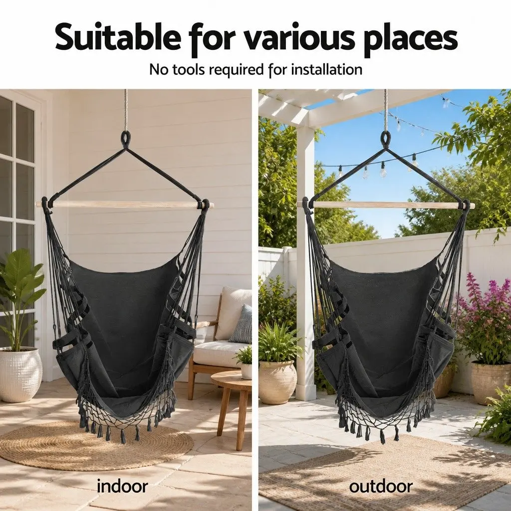 Hammock Chair Indoor Outdoor Relaxation with Steel Stand Adjustable Height Grey Black