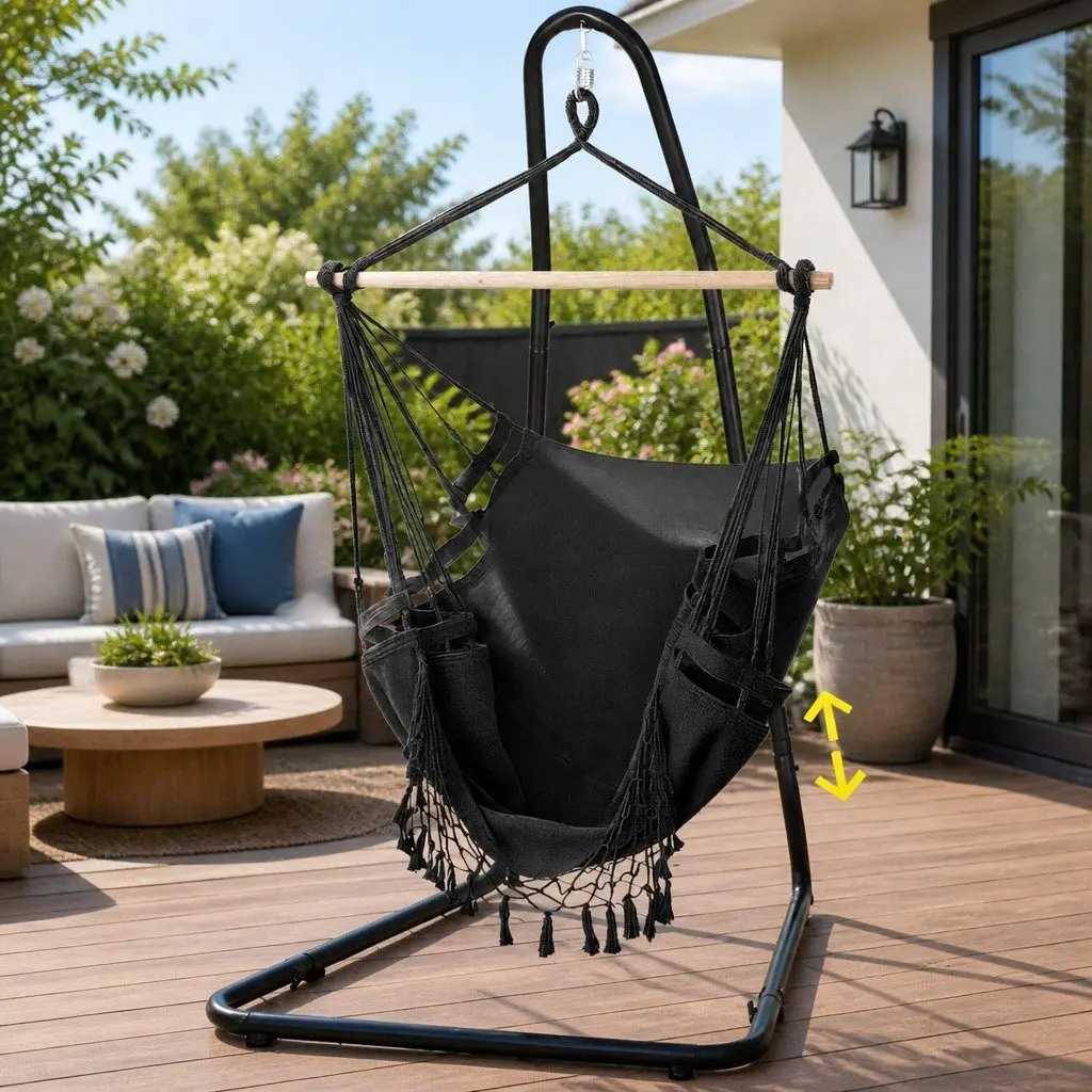 Hammock Chair Indoor Outdoor Relaxation with Steel Stand Adjustable Height Grey Black