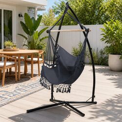 Hammock Chair with Steel Stand Hanging Outdoor Tassel Grey Relaxation Swing