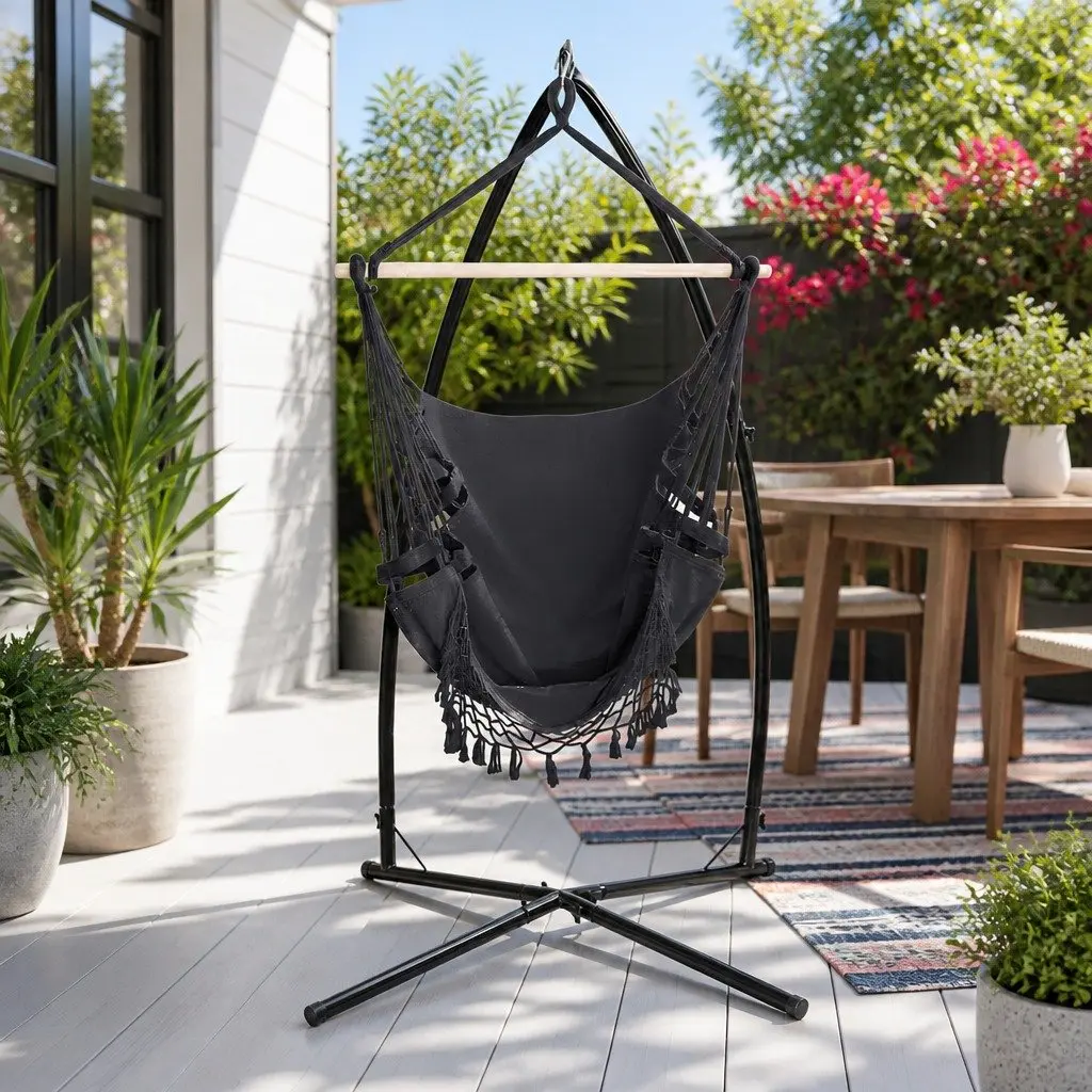 Hammock Chair Outdoor Relaxation Swing 150 x 90cm Grey with Steel Stand