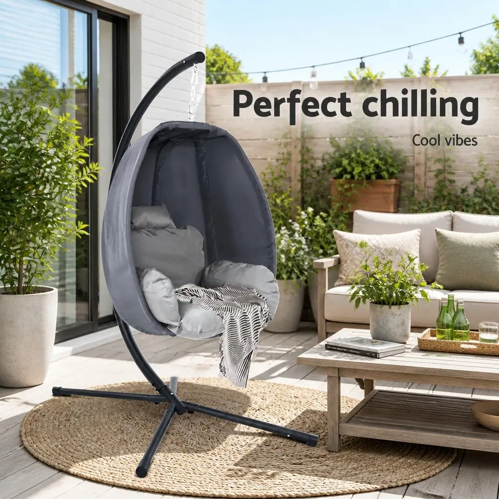 Outdoor Hanging Egg Pod Chair Swing Furniture Foldable Canopy Stand Grey