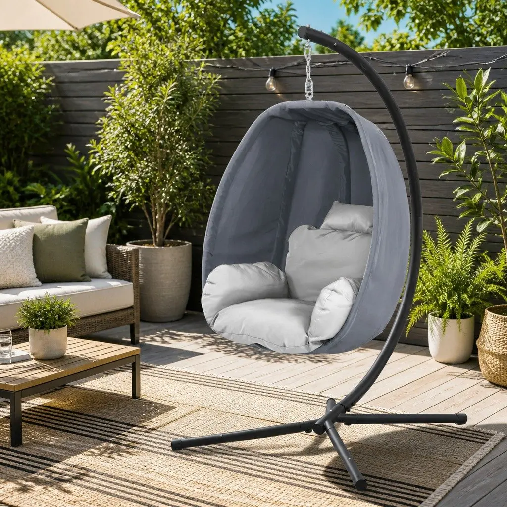 Outdoor Hanging Egg Pod Chair Swing Furniture Foldable Canopy Stand Grey