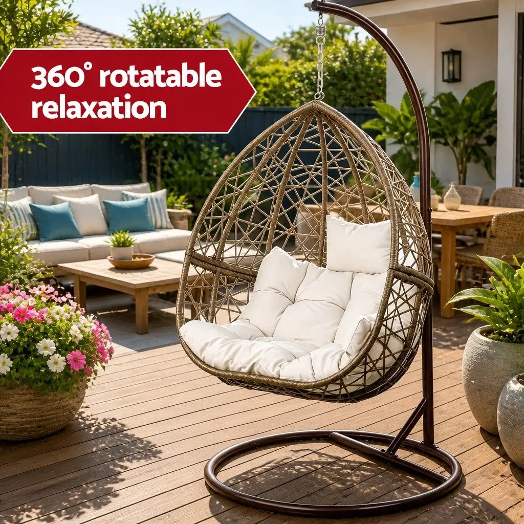 Hanging Egg Chair Outdoor Wicker Pod Swing Rattan Stand Cushion Latte Patio