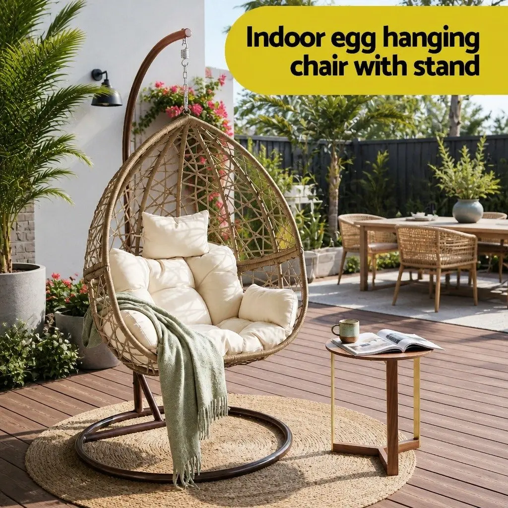 Hanging Egg Chair Outdoor Wicker Pod Swing Rattan Stand Cushion Latte Patio