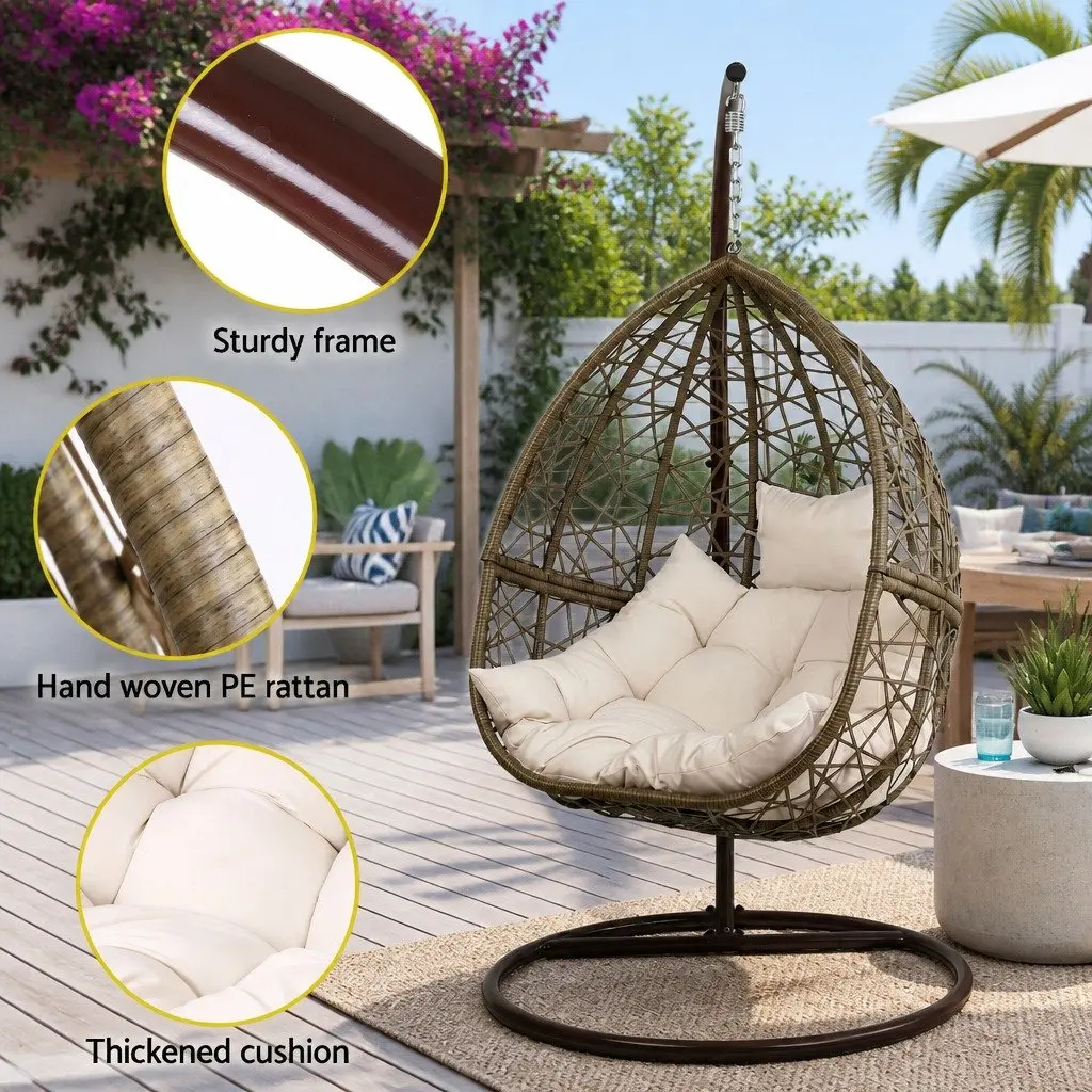 Hanging Egg Chair Outdoor Wicker Pod Swing Rattan Stand Cushion Latte Patio