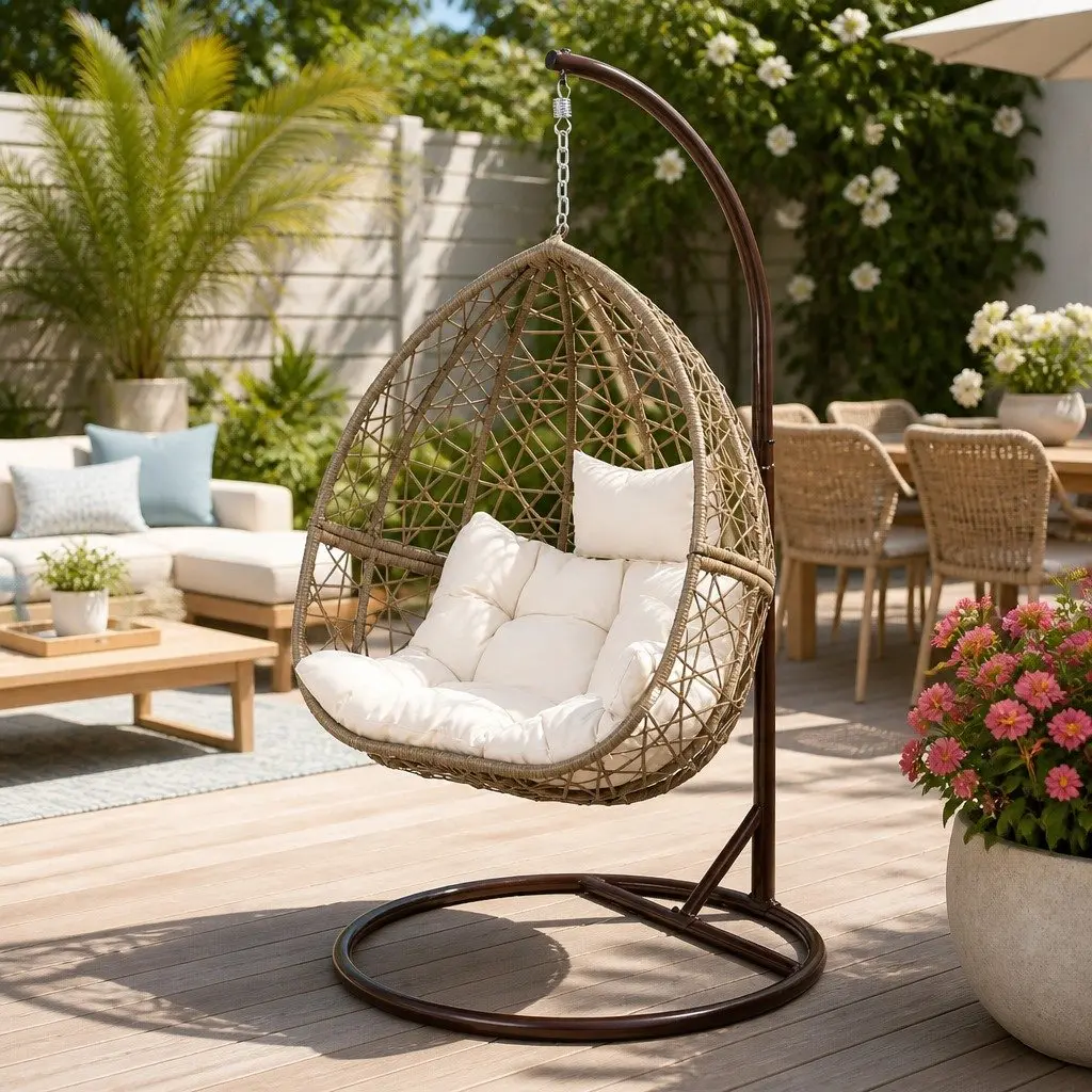 Hanging Egg Chair Outdoor Wicker Pod Swing Rattan Stand Cushion Latte Patio