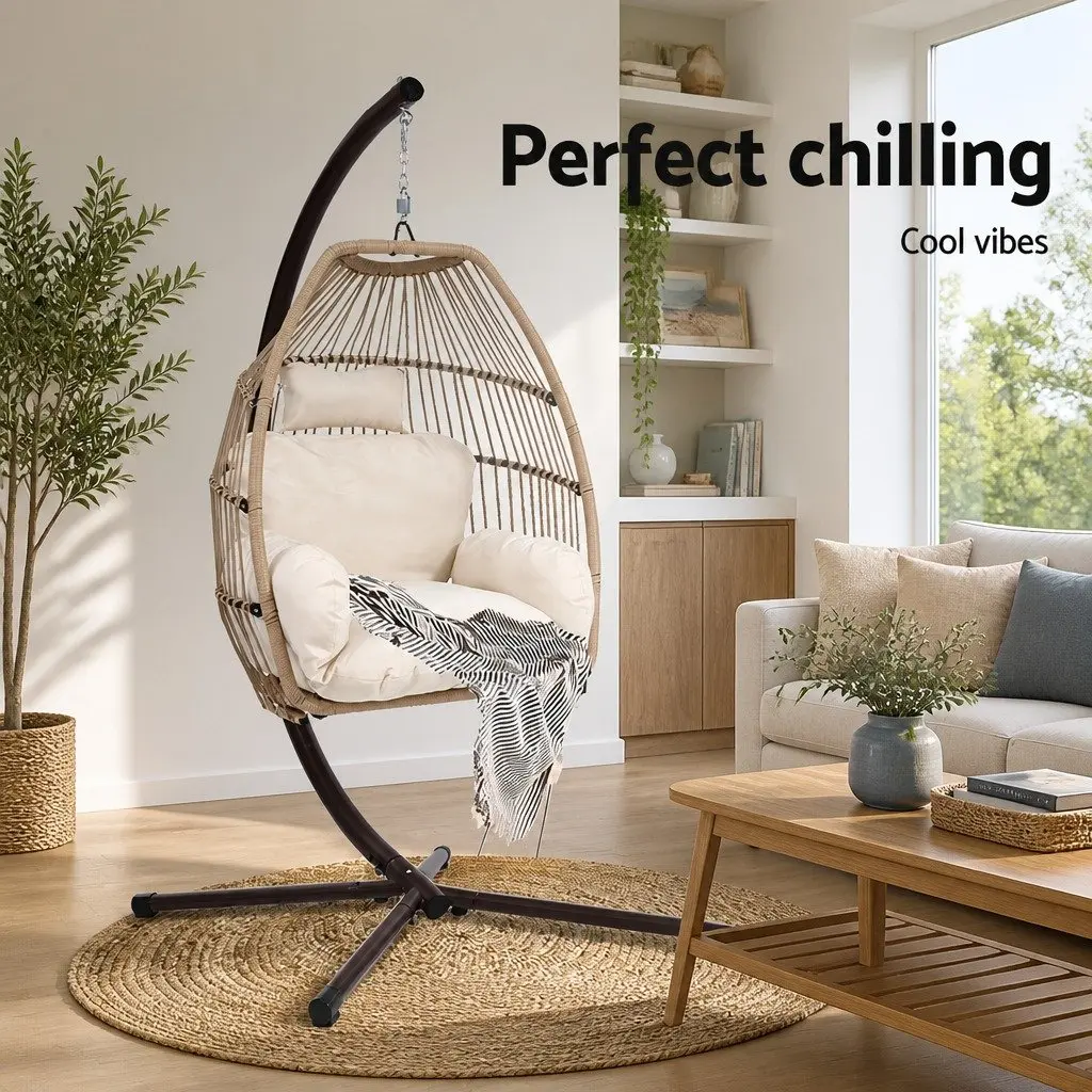 Hanging Egg Chair Pod Swing Outdoor Wicker 360° Rotating Latte