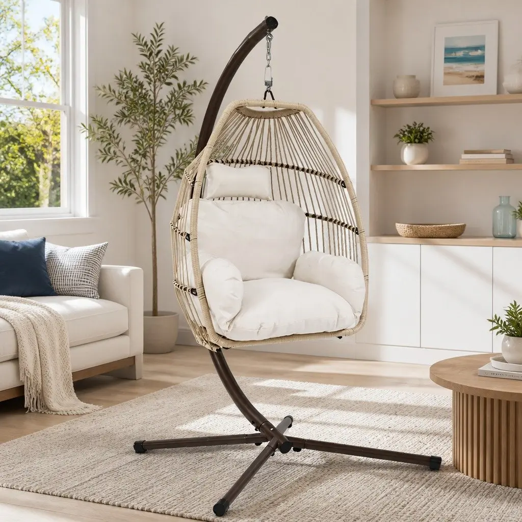 Hanging Egg Chair Pod Swing Outdoor Wicker 360° Rotating Latte