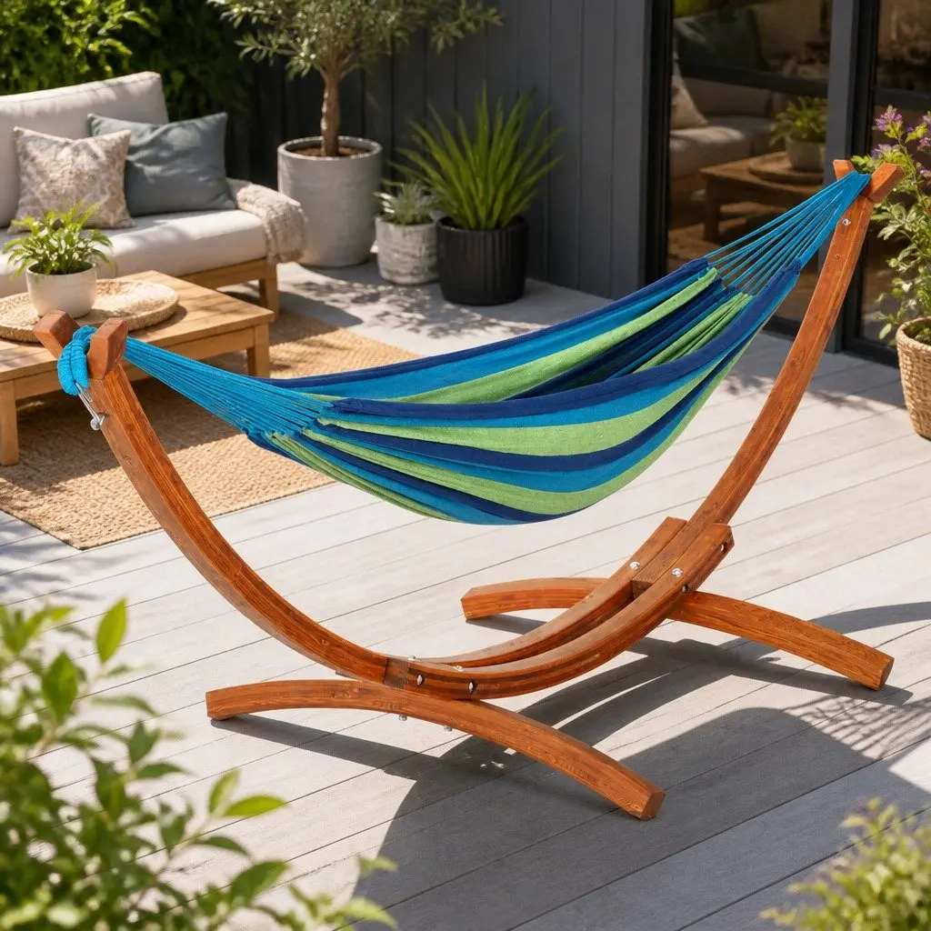 Hammock Bed 2-Person Relaxation 330cm x 138cm Sky Blue with Wooden Stand