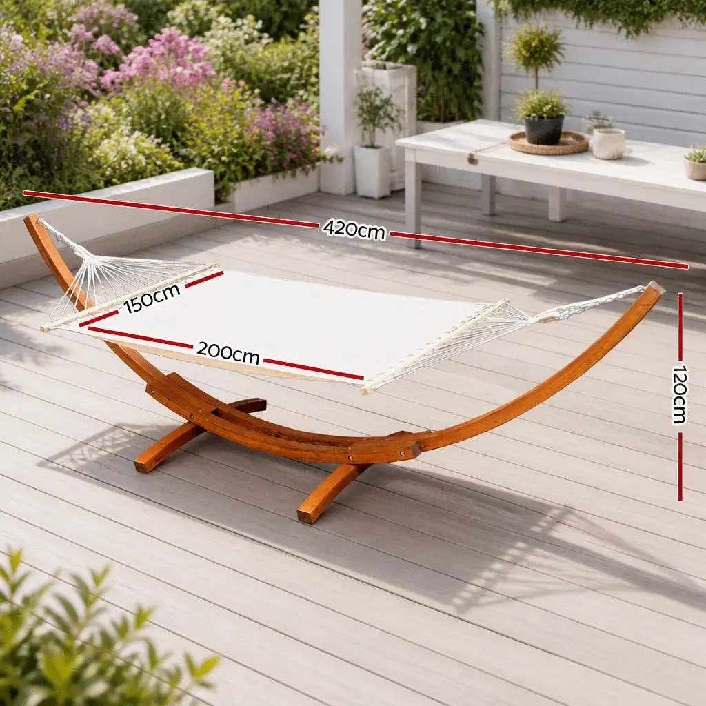 Hammock Bed Outdoor Relaxation 2-Person Timber Stand Frame Cream