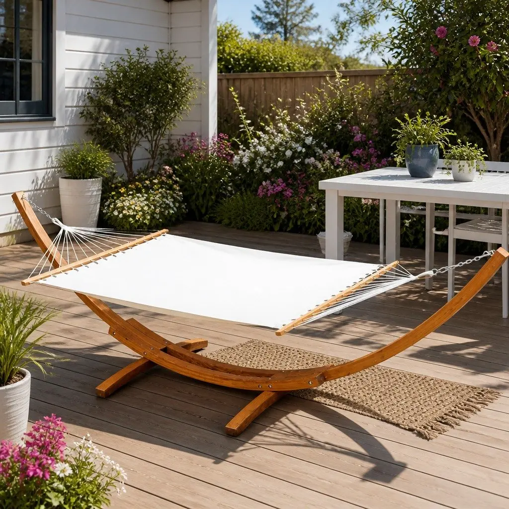 Hammock Bed Outdoor Relaxation 2-Person Timber Stand Frame Cream