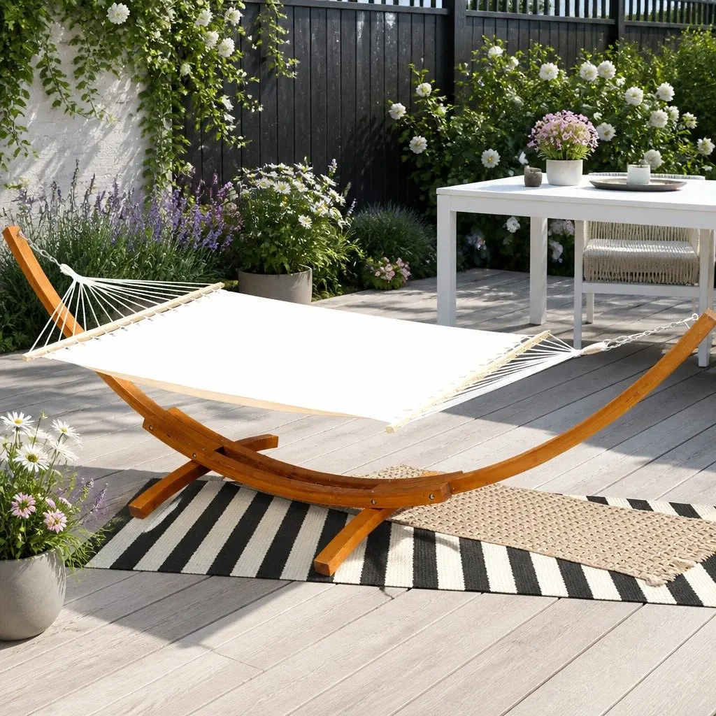 Hammock Bed Outdoor Relaxation 2-Person Timber Stand Frame Cream