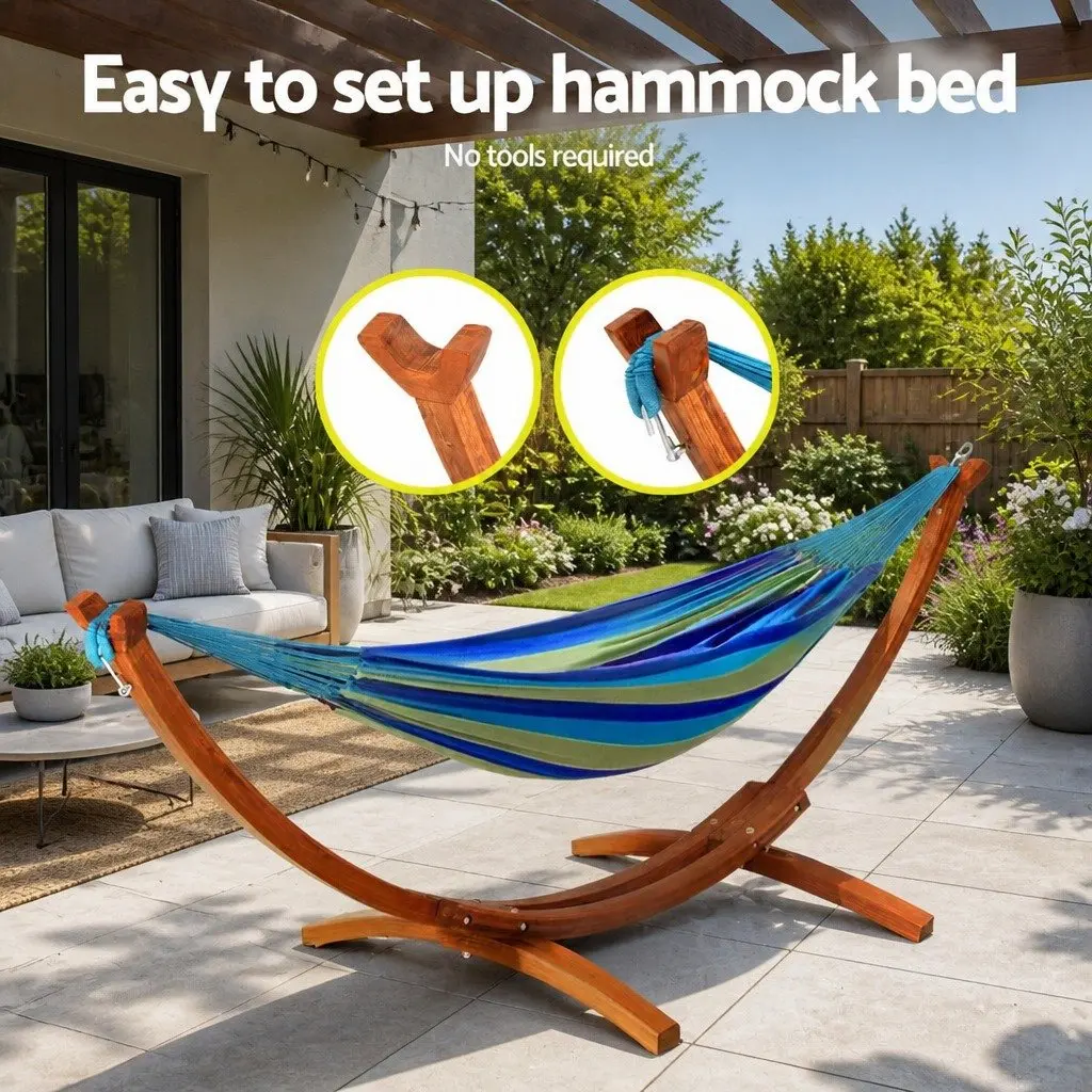 Hammock Bed Stand Curved Larch Wood Frame 315cm Oak for 2 Person Indoor Outdoor