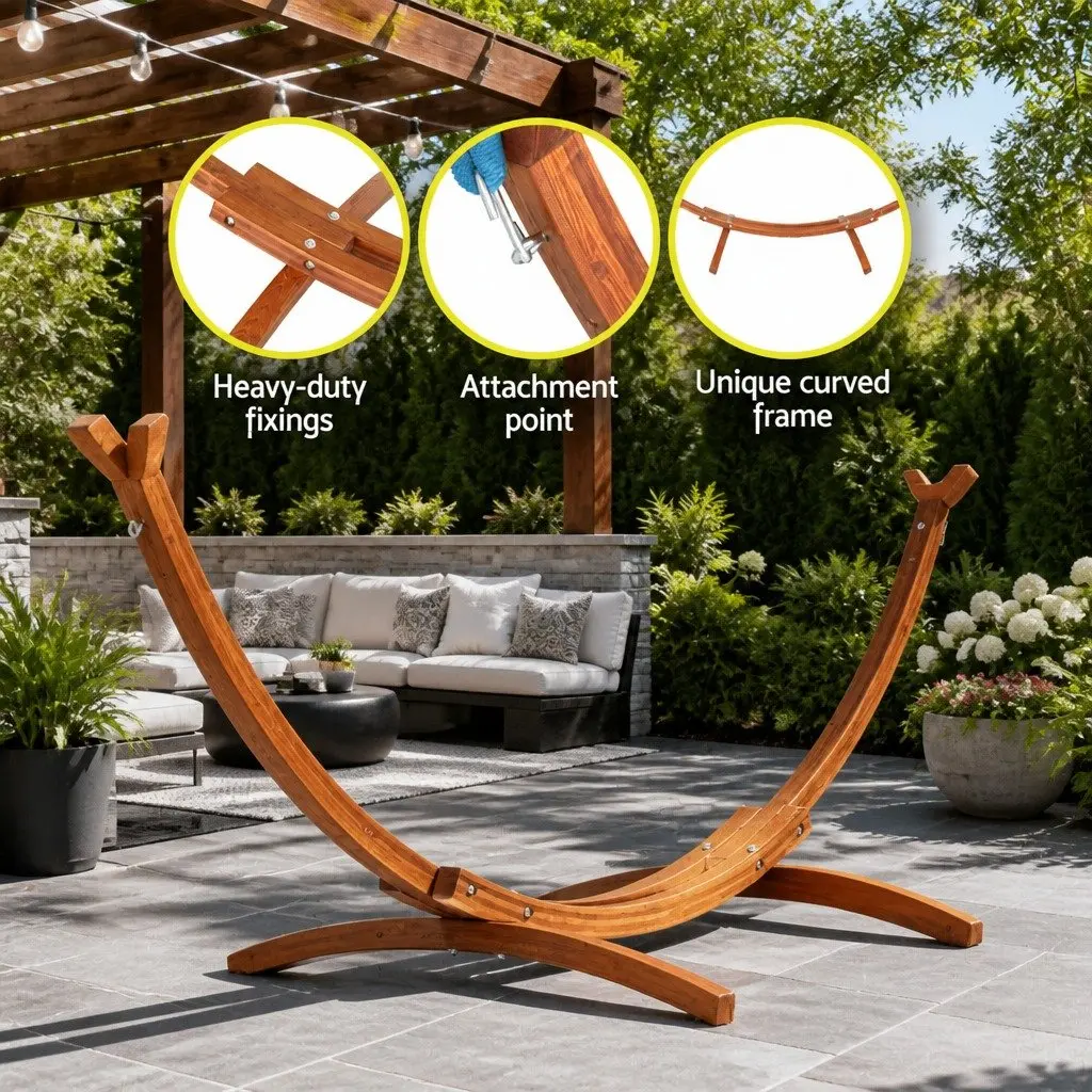 Hammock Bed Stand Curved Larch Wood Frame 315cm Oak for 2 Person Indoor Outdoor
