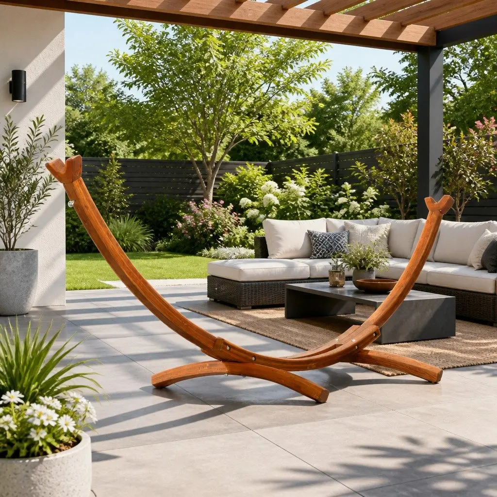 Hammock Bed Stand Curved Larch Wood Frame 315cm Oak for 2 Person Indoor Outdoor