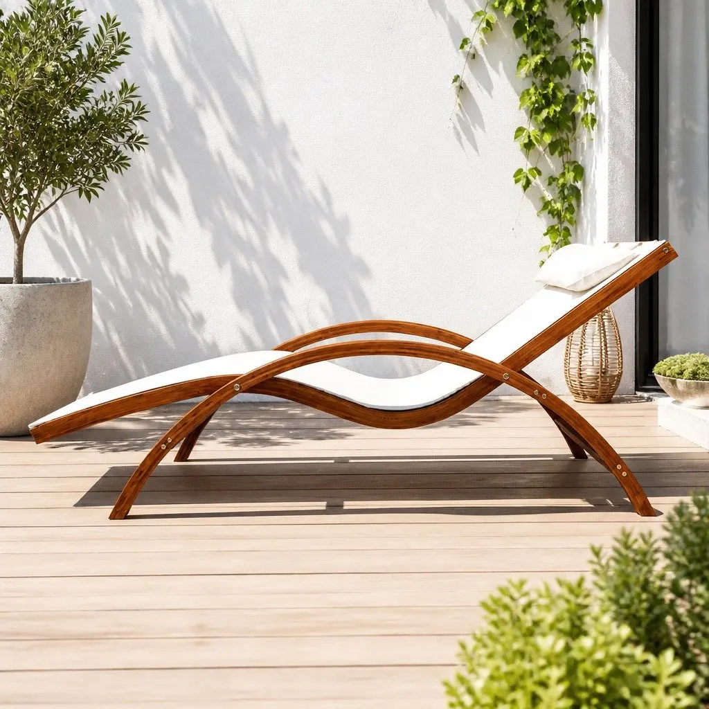 Sun Lounge Outdoor Armchair Relaxation Cream Curved Larch Wooden Frame