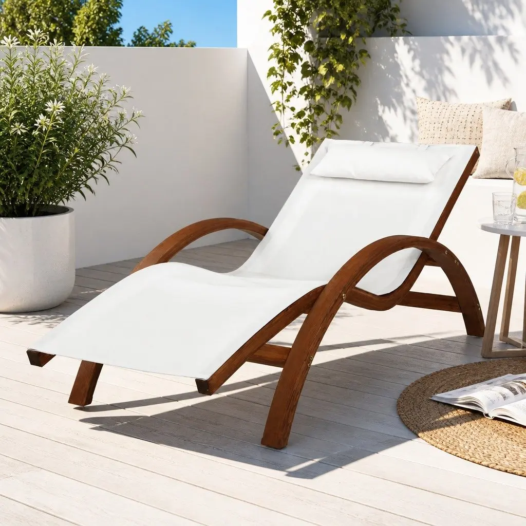 Sun Lounge Outdoor Armchair Relaxation Cream Curved Larch Wooden Frame
