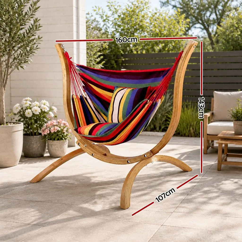 Hammock Chair Outdoor Indoor Relaxation Furniture Single Person Curved Wooden Frame Multi-coloured Rainbow
