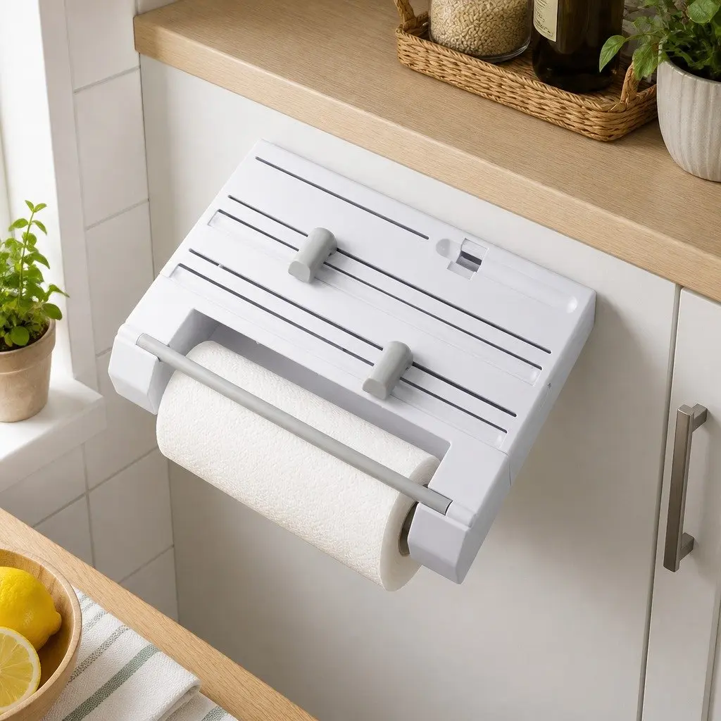 Wall Mounted Kitchen Rack Paper Towel Holder Foil Plastic Wrap Dispenser White
